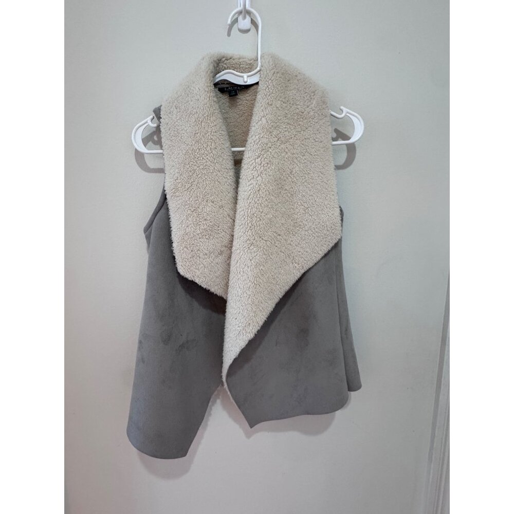 Lauren Ralph Lauren XS Gray Faux Suede & Sherpa Vest Open Front Draped Collar